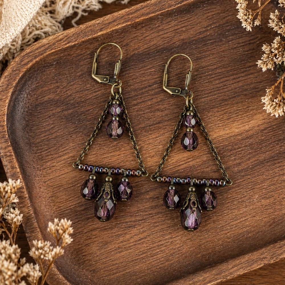 Vintage Boho Chandelier Earrings Purple Glass Bead Leverback
